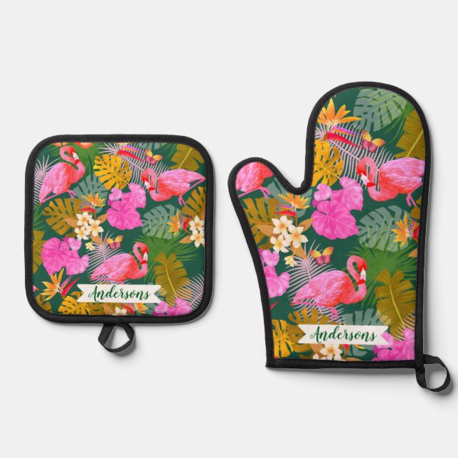 Flamingo Garden Dark Green Oven Mitt & Pot Holder Set (Front)