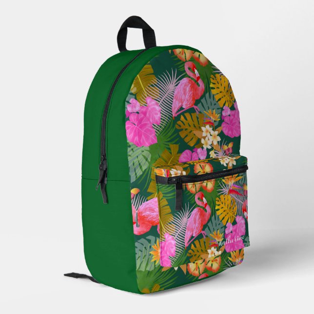 Flamingo Garden Dark Green Printed Backpack (Back Corner Left)