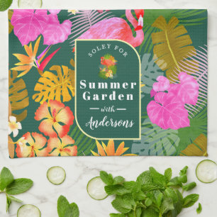 Flamingo Garden Dark Green Tea Towel