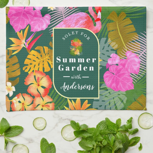 Flamingo Garden Dark Green Tea Towel (Folded)