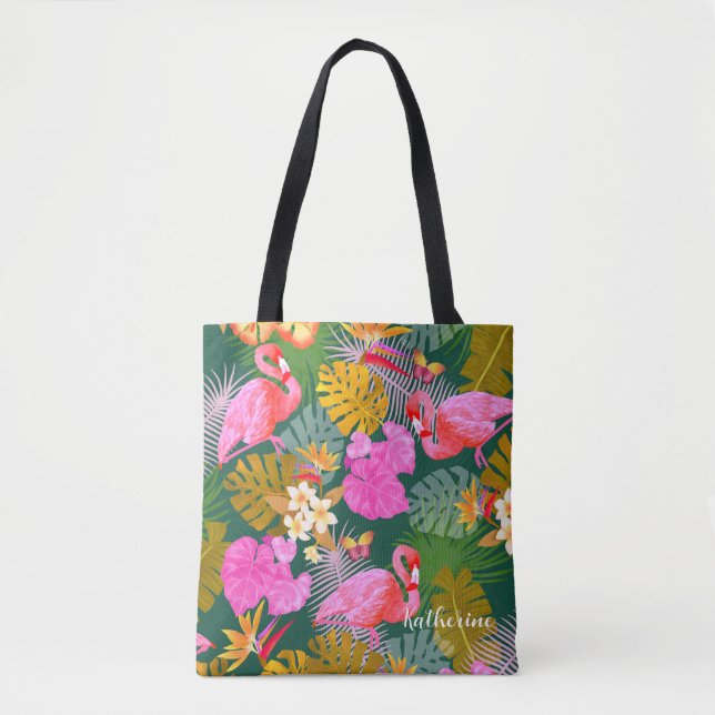 Flamingo Garden Dark Green Tote Bag (Front)
