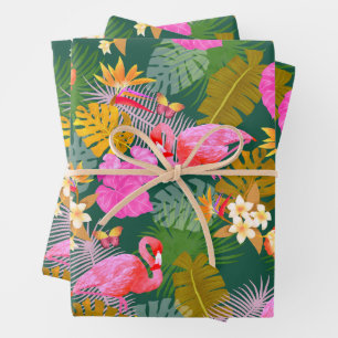 Flamingo Garden Dark Green Wrapping Paper Sheet