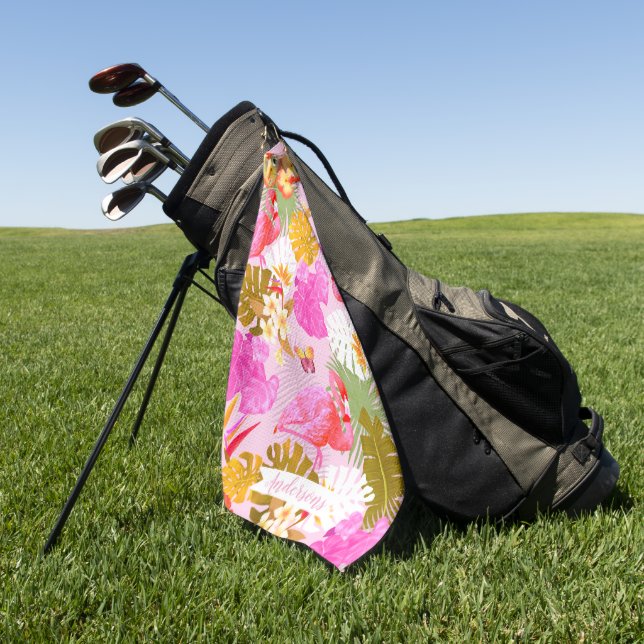 Flamingo Garden Pink Golf Towel (Green)
