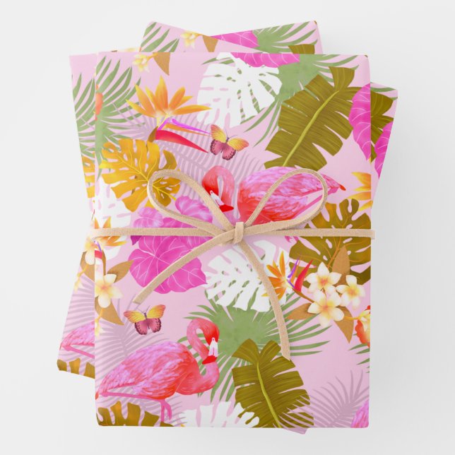 Flamingo Garden Pink Wrapping Paper Sheet (In situ)