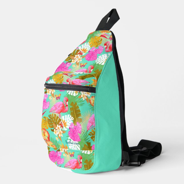 Flamingo Garden Teal Sling Bag (Right Corner)