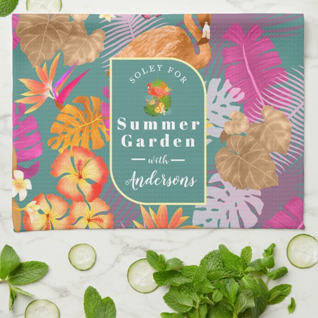 Flamingo Garden Turquoise Tea Towel (Folded)