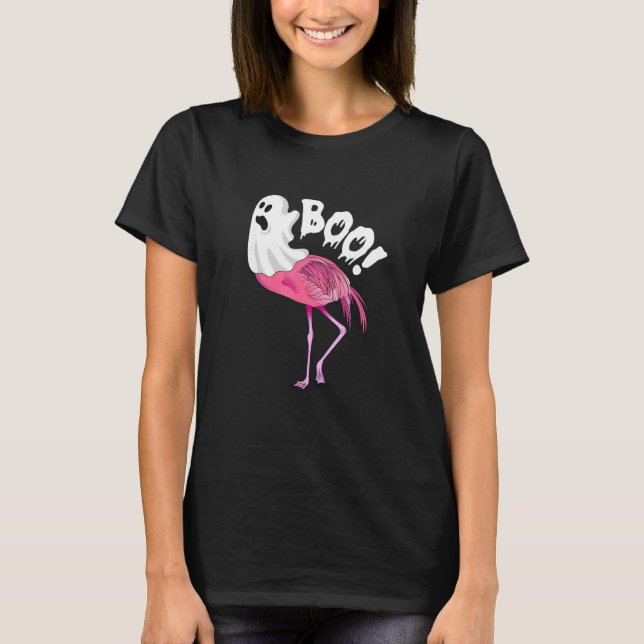 Flamingo Ghost Boo Pink Sunset Retro Halloween Bir T-Shirt (Front)