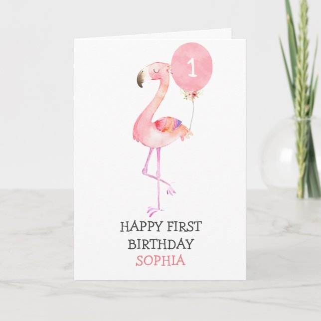 Flamingo Girl Pink First Birthday 1st Birthday Card (Front)