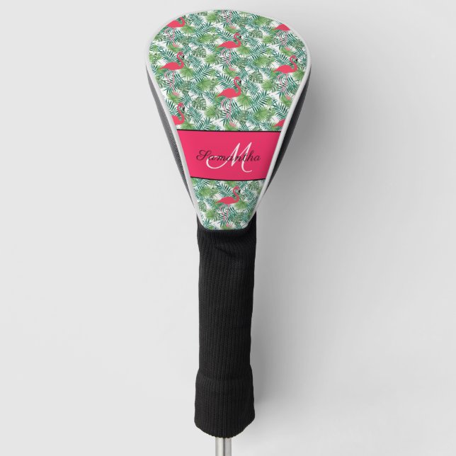 Flamingo Girly Pink Tropical Monogram Golf Head Cover (Front)