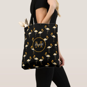 Flamingo gold black cute elegant tropical monogram tote bag