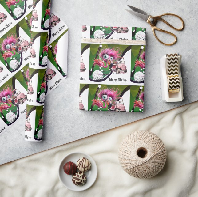 Flamingo Golfer with golf cart on pink for woman Wrapping Paper (Crafts)