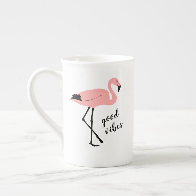 Flamingo Good Vibes Pink Black Bone China Mug (Left)