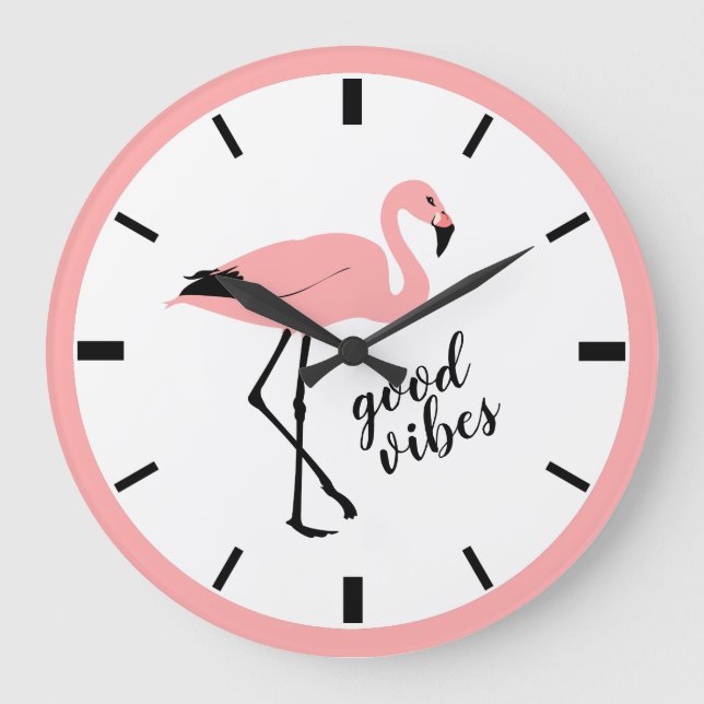 Flamingo Good Vibes Pink Black Cute Wall Clock (Front)