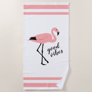 Flamingo Good Vibes Pink Black Trendy Cute Beach Towel