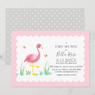 Flamingo Grey Polka Dots Baby Shower Invite
