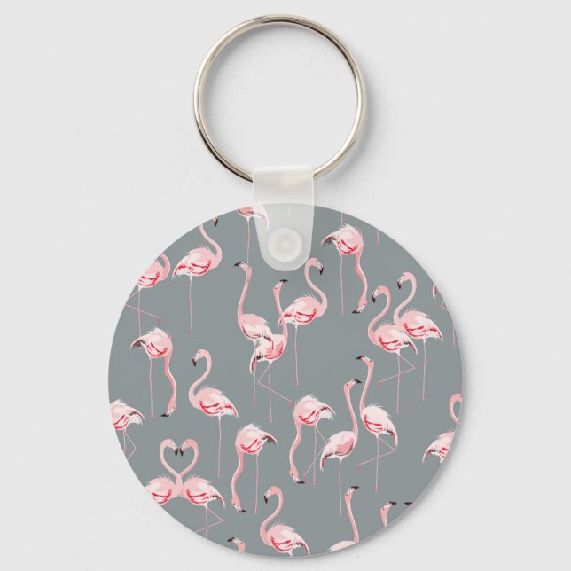 Flamingo Grey: Vintage Seamless Pattern. Key Ring (Front)
