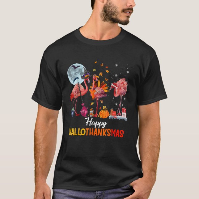 Flamingo Halloween And Merry Christmas Happy Hallo T-Shirt (Front)