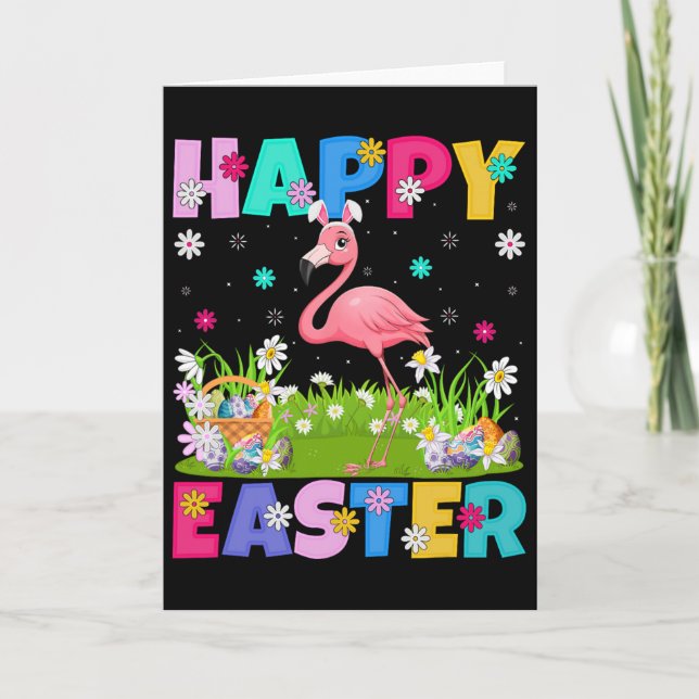 Flamingo Happy Easter Egg Hunt Bunny Ear Flamingo  Card (Front)