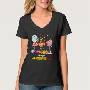 Flamingo Happy Hallothanksmas Halloween Thanksgivi T-Shirt