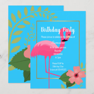 FLAMINGO HIBISCUS BLUE GOLD BIRTHDAY INVITATION