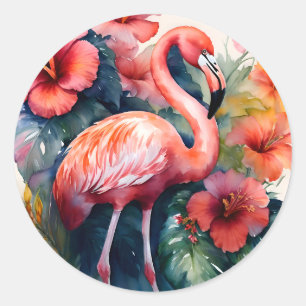 Flamingo Hibiscus Watercolor Art Classic Round Sticker