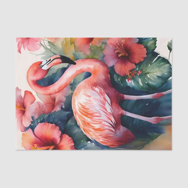 Flamingo Hibiscus Watercolor Tropical Art Tissue Paper (Front)