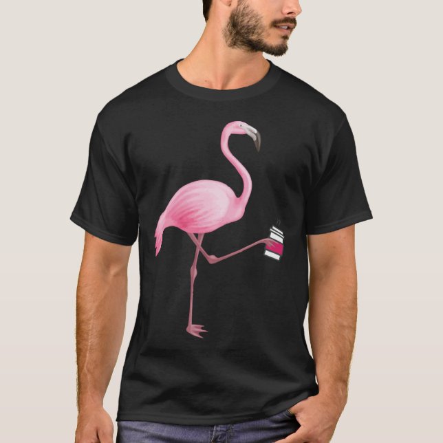 Flamingo Holding Coffee Tropical Gag Graphic T-Shirt (Front)