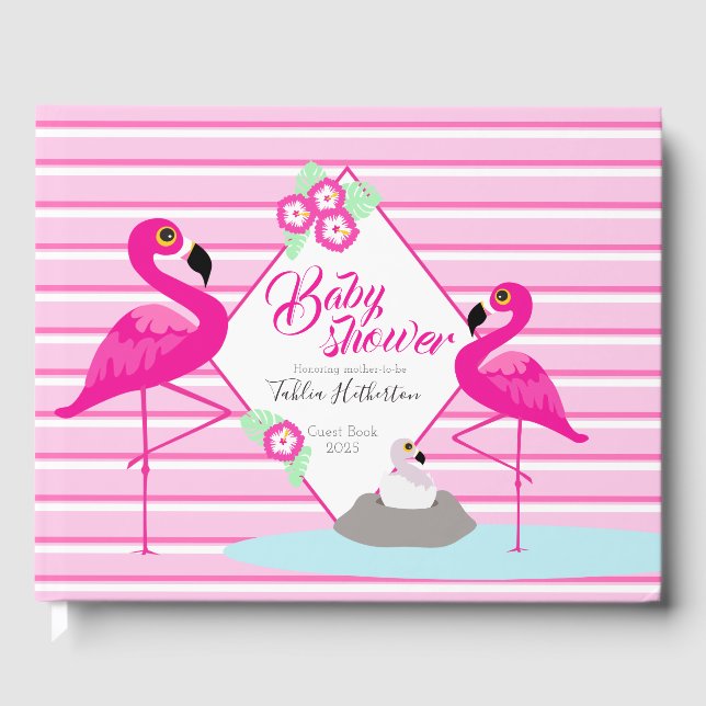 Flamingo hot pink graphic baby shower guest book (Front)
