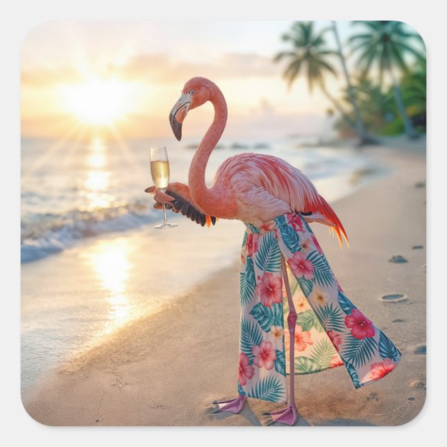 Flamingo In a Skirt Holding a Champagne Flute Square Sticker (Front)