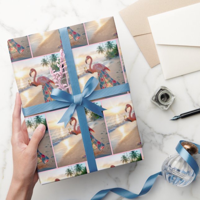 Flamingo In a Skirt Holding a Champagne Flute Wrapping Paper (Gifting)