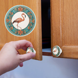 Flamingo in a Turquoise Circle Floral Frame Ceramic Knob