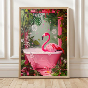 Flamingo in Bathtub Print, Bathroom Wall Art, Pink Poster