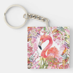 Flamingo in Flower Jungle - Summer Pattern Key Ring