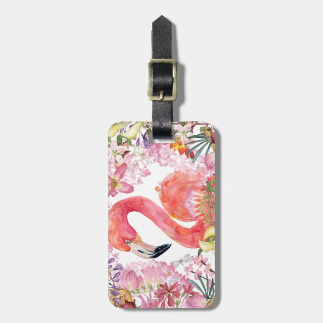 Flamingo in Flower Jungle - Summer Pattern Luggage Tag (Front Vertical)