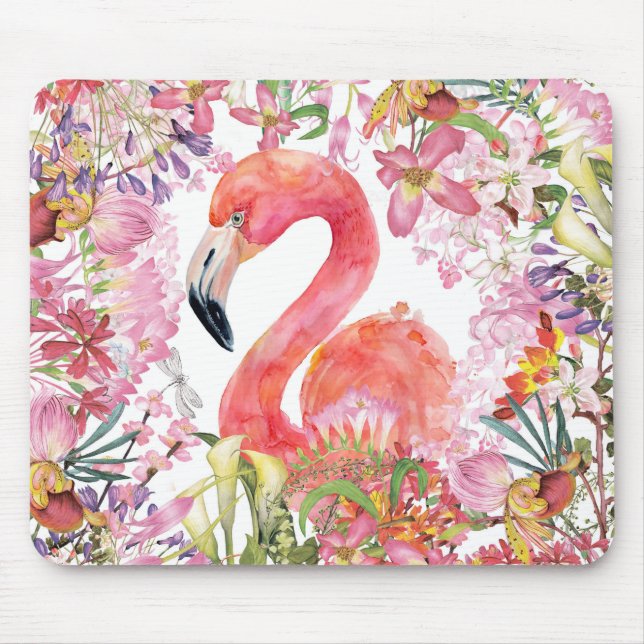 Flamingo in Flower Jungle - Summer Pattern Mouse Mat (Front)