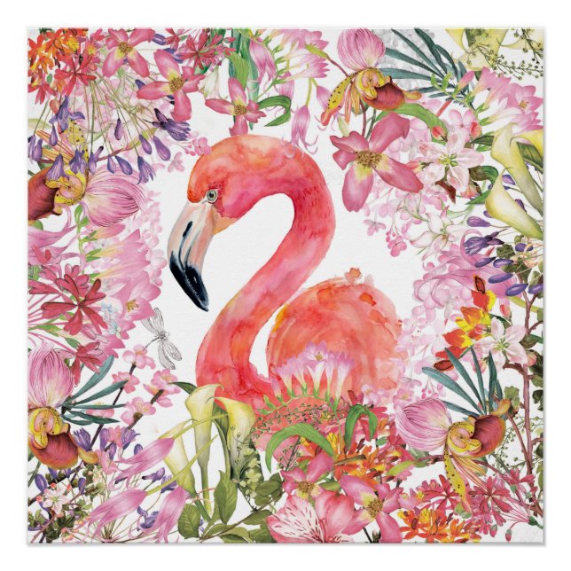 Flamingo in Flower Jungle - Summer Pattern Poster (Front)