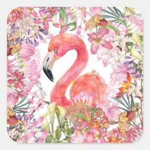 Flamingo in Flower Jungle - Summer Pattern Square Sticker