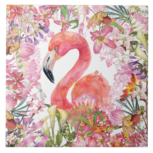Flamingo in Flower Jungle - Summer Pattern Tile (Front)
