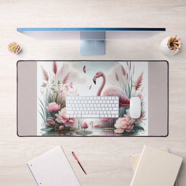 Flamingo in Pastel Pond Floral Scene Desk Mat (Office 1)