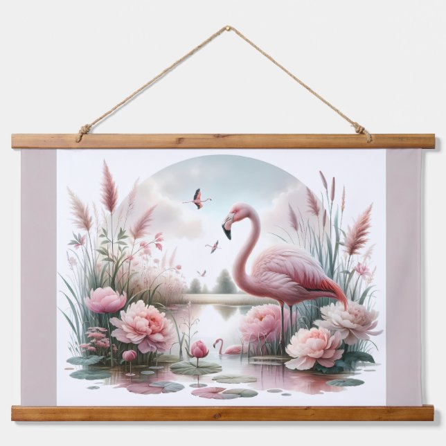 Flamingo in Pastel Pond Floral Scene Hanging Tapestry (Front)