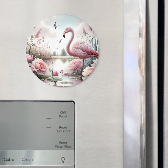 Flamingo in Pastel Pond Floral Scene Magnet (In Situ (Fridge))