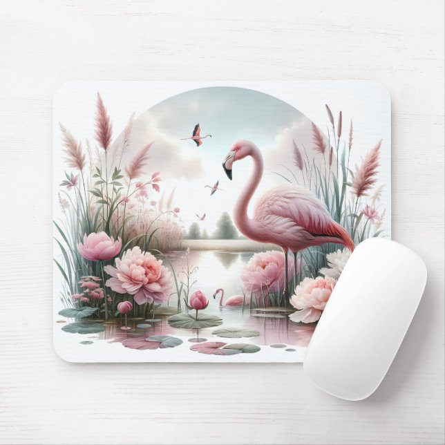 Flamingo in Pastel Pond Floral Scene Mouse Mat (With Mouse)