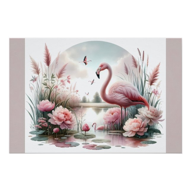 Flamingo in Pastel Pond Floral Scene Poster (Front)