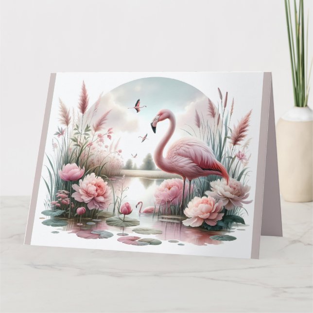 Flamingo in Pastel Pond Floral Scene Thank You Card (Front)