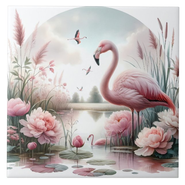 Flamingo in Pastel Pond Floral Scene Tile (Front)