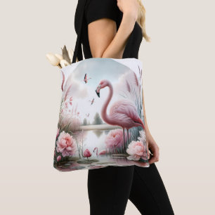 Flamingo in Pastel Pond Floral Scene Tote Bag