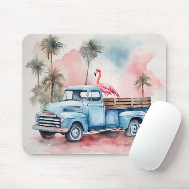 Flamingo In Retro Blue Truck Mouse Mat (With Mouse)