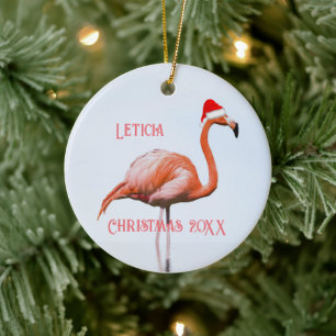 Flamingo in Santa Hat Christmas Ceramic Ornament
