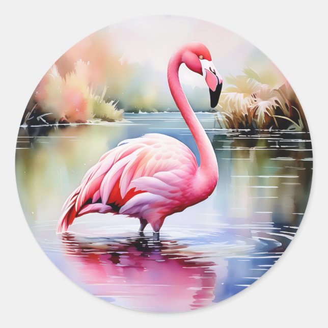 Flamingo in Water Classic Round Sticker (Front)