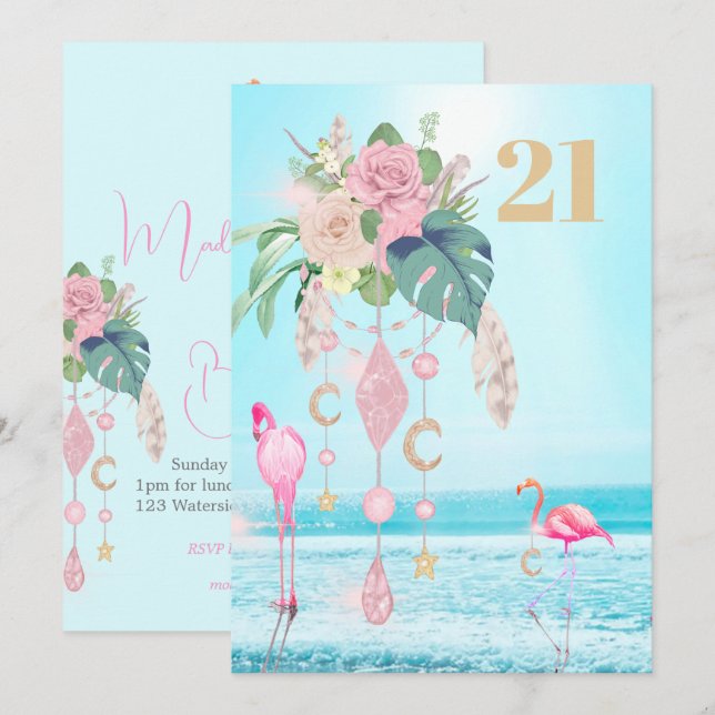 Flamingo Jewel Beach Floral 21st Birthday  Invitation (Front/Back)